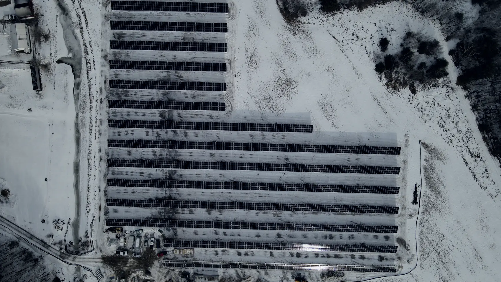 Aerial view of a completed Louth Callan array under snow, rows running to the treeline.