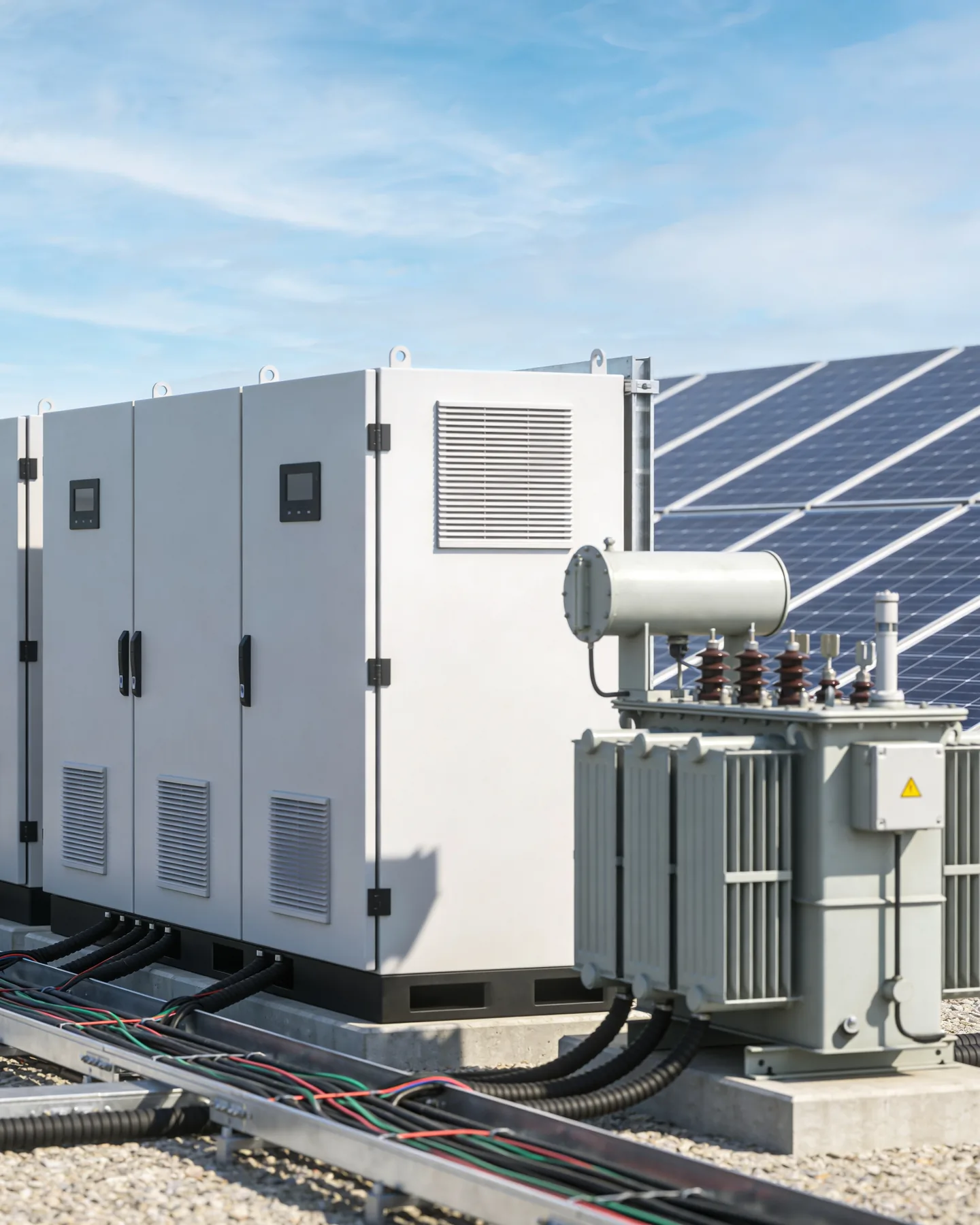 Battery storage enclosures and a pad-mounted transformer on gravel, with a PV array behind.