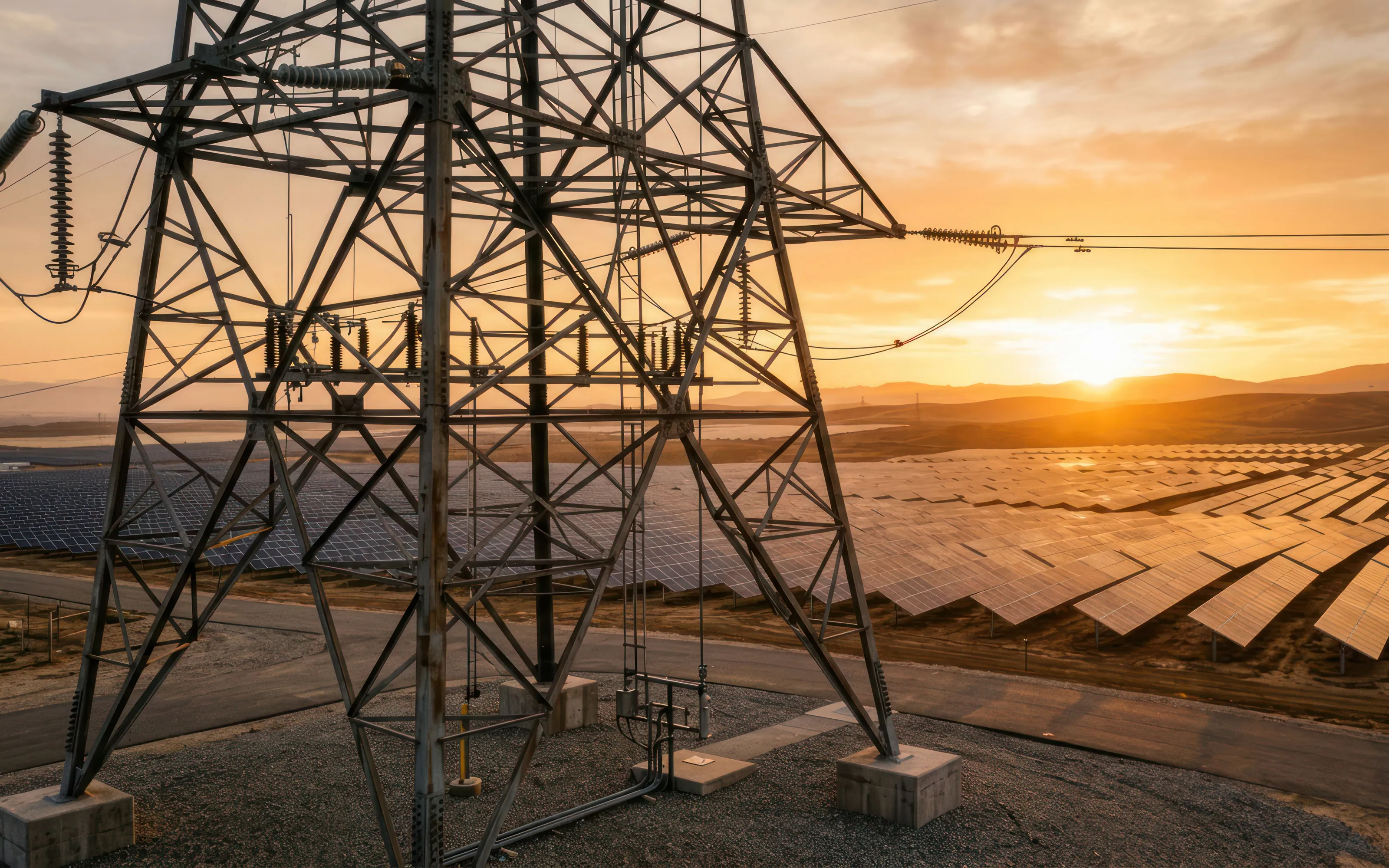 A high-voltage lattice transmission tower in the foreground with a utility-scale solar field behind it at sunset.