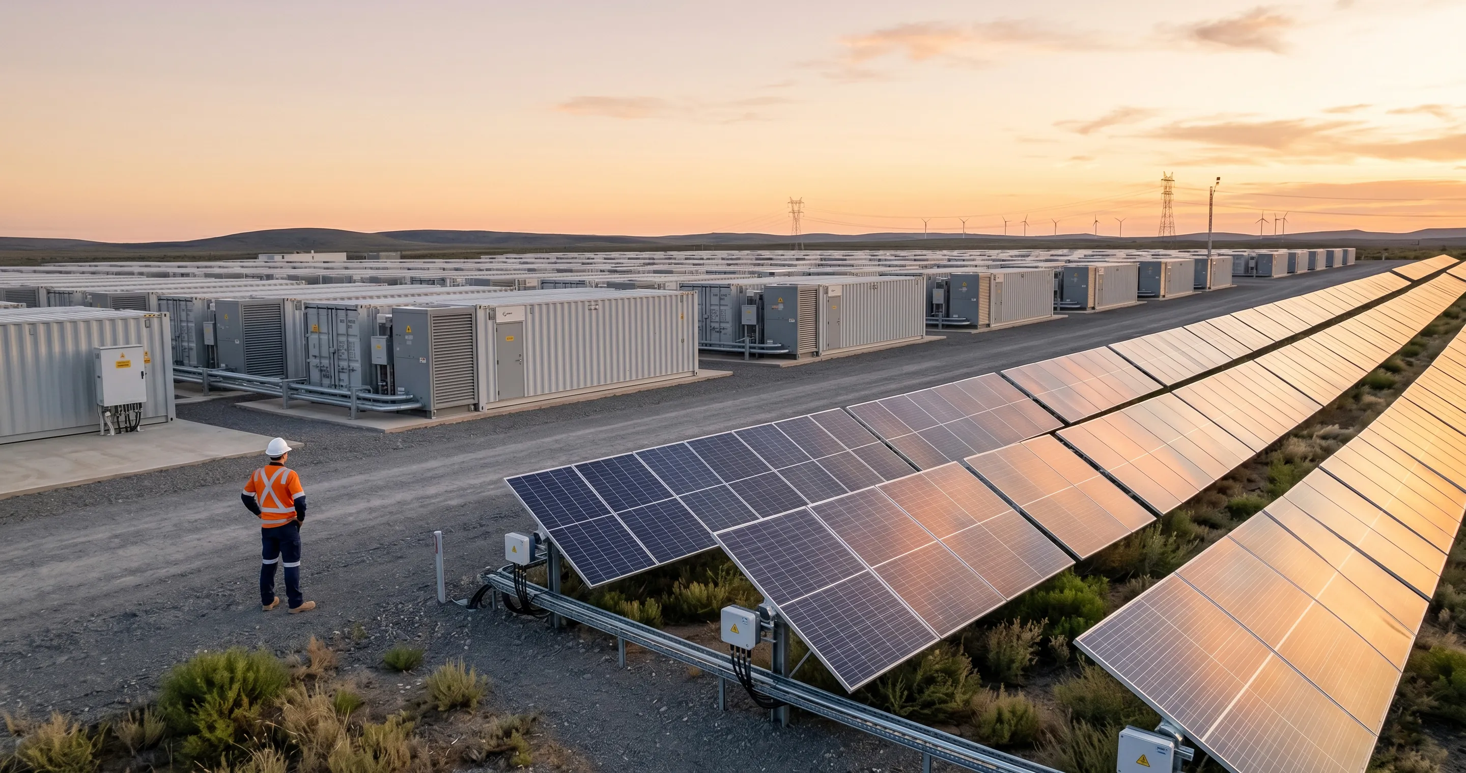 Rows of battery storage enclosures stretching to the horizon at sunset, with a worker in high-visibility clothing on the access road and a PV array alongside.