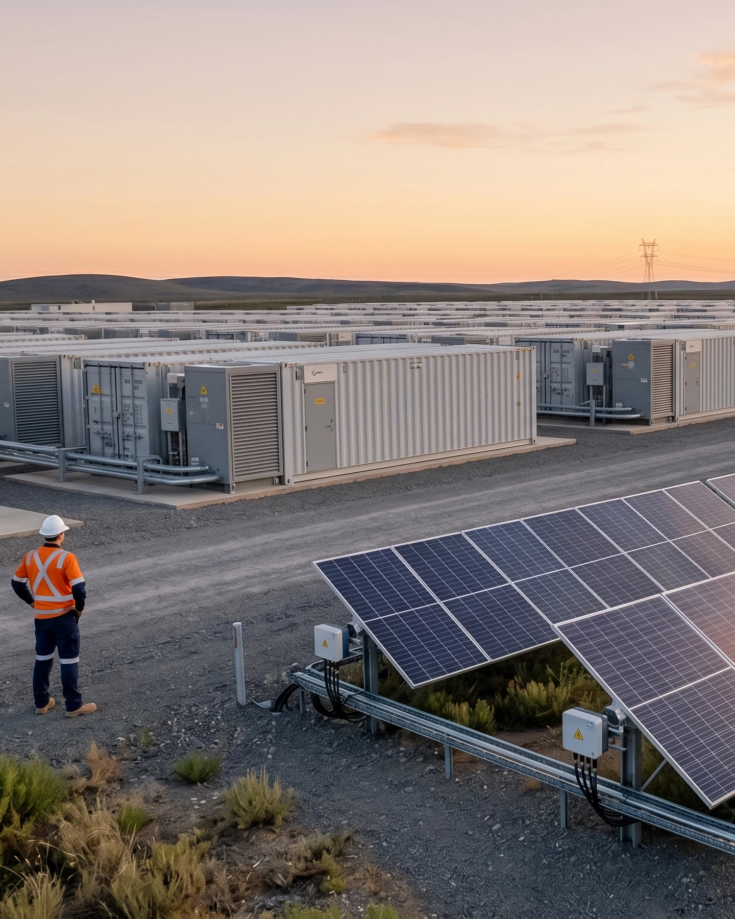 Rows of battery storage enclosures across a desert site at dusk, with a worker in high-visibility clothing for scale and a PV array alongside.