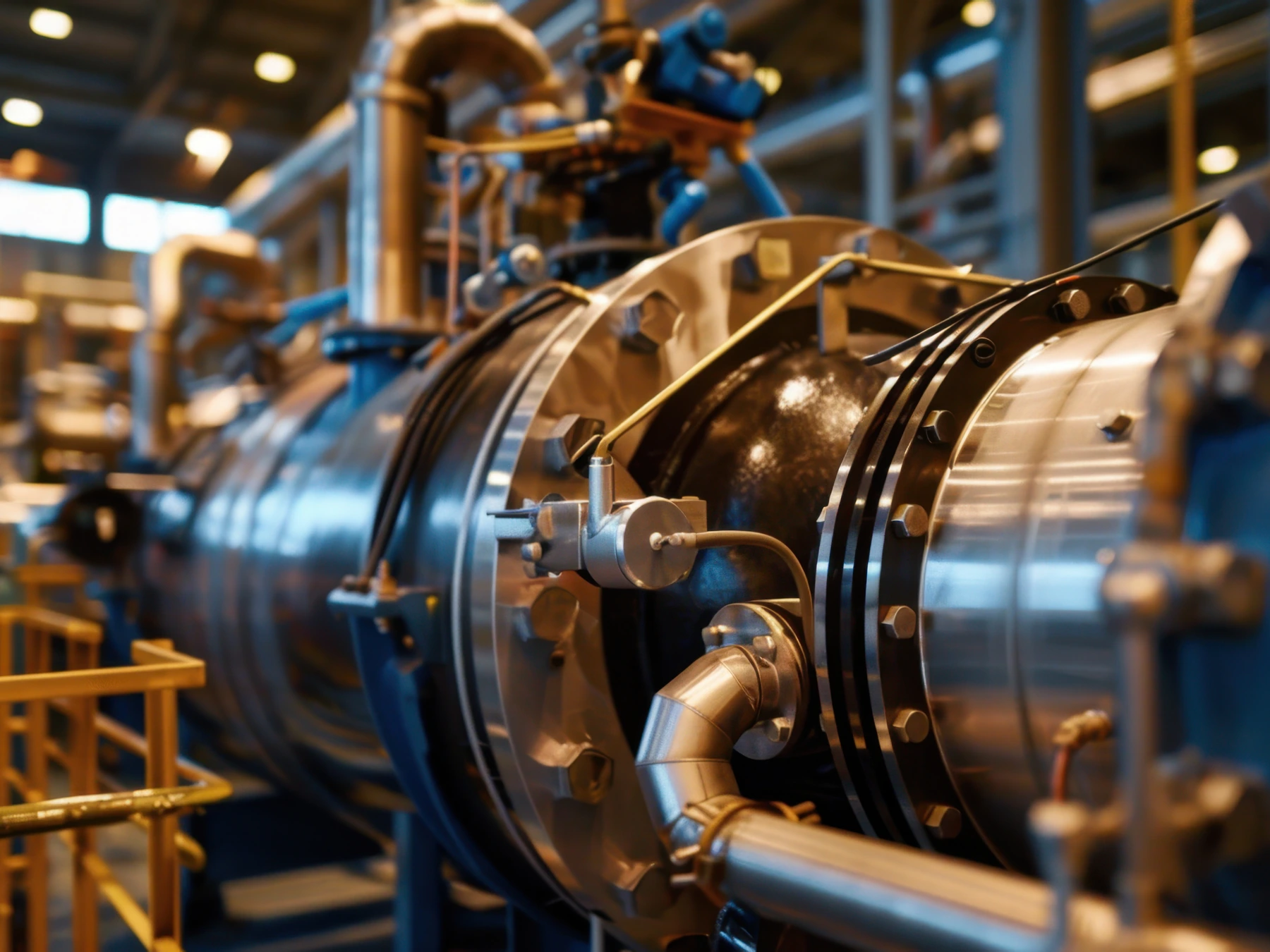 The turbine hall of an industrial power plant, generator sets running the length of the building.