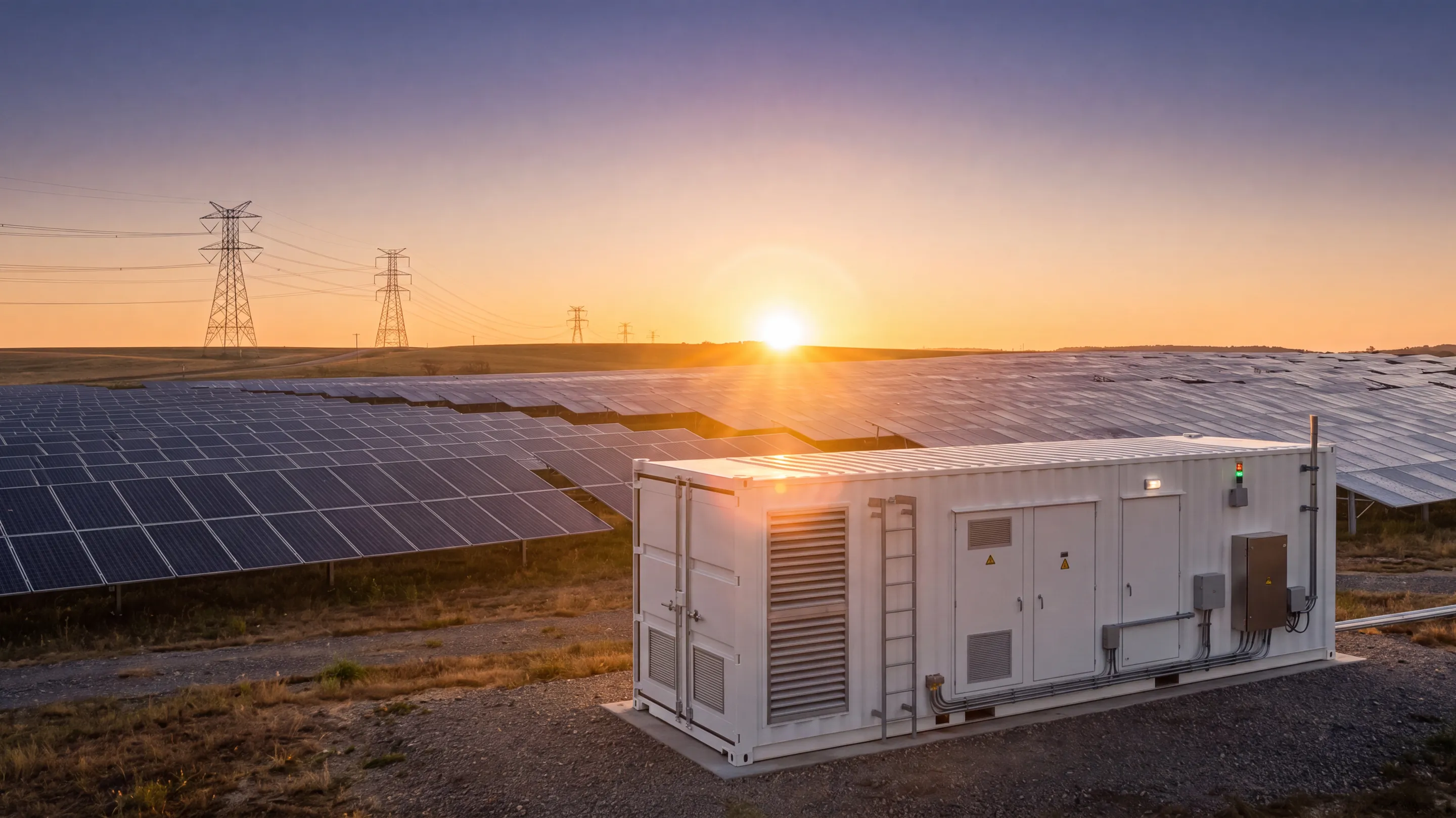 A utility-scale solar field at sunset with a containerised battery and inverter skid in the foreground and high-voltage transmission towers running to the horizon.